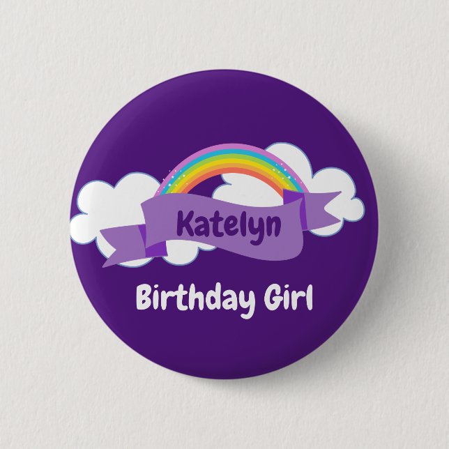 Cute Purple Rainbow Birthday Girl Custom Name Button (Front)