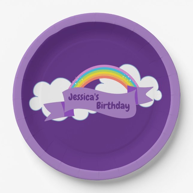 Cute Purple Rainbow Birthday Party Girly Paper Plates (Front)
