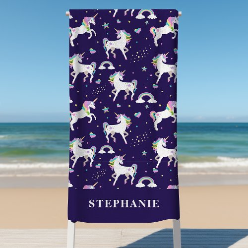 Cute Purple Rainbow Hearts And Stars Unicorn Beach Towel