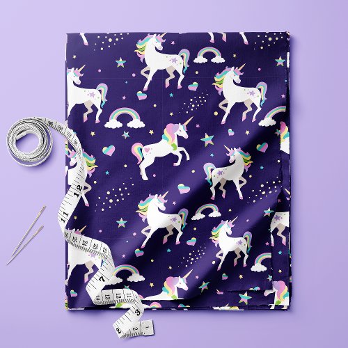 Cute Purple Rainbow Hearts And Stars Unicorn Fabric