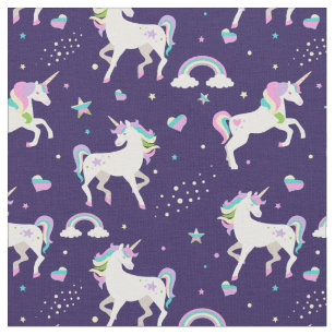 Cute Purple Rainbow Hearts And Stars Unicorn Fabric