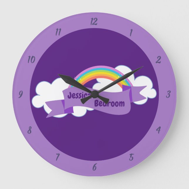 Cute Purple Rainbow Monogram Girls Bedroom Large Clock (Front)