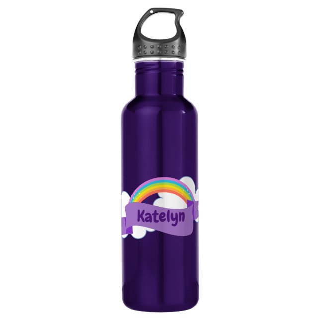 Cute Purple Rainbow Monogram Girly Stainless Steel Water Bottle (Front)