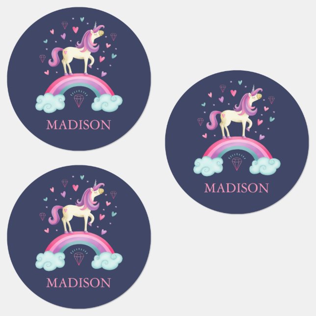 Cute Purple Rainbow Unicorn School Labels (Group)