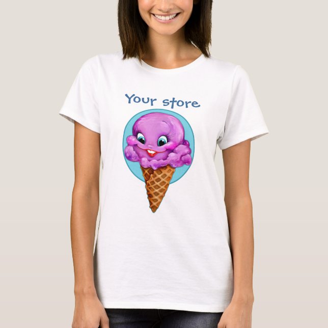 Cute purple raspberry ice cream cone with big eyes T-Shirt (Front)