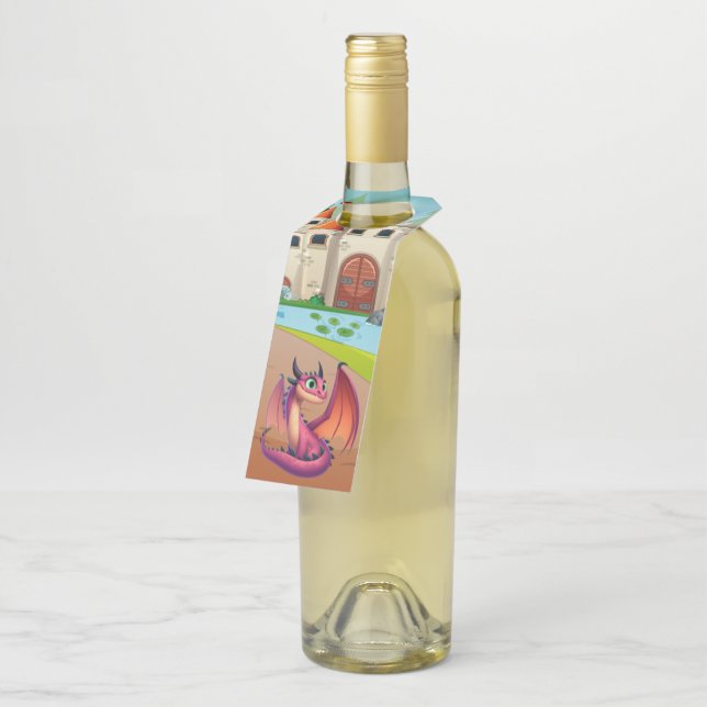 Cute purple/red cartoon dragon bottle hanger tag (Angled)