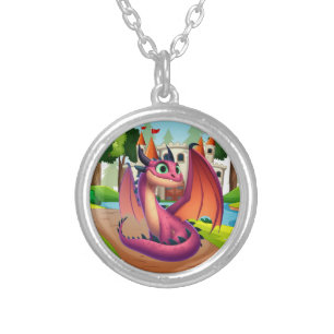 Cute purple/red cartoon dragon silver plated necklace