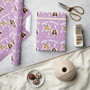 Cute Purple Reindeer Kid`s Name Photo Christmas Wrapping Paper