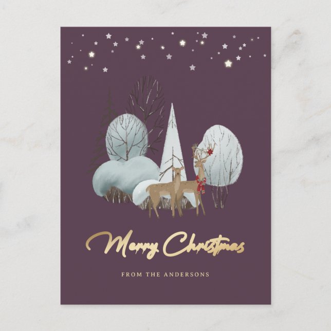 Cute Purple Reindeer Stars Christmas Holiday Postcard (Front)