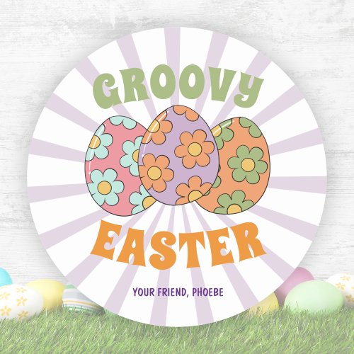 Cute Purple Retro Groovy Easter Party Classic Round Sticker
