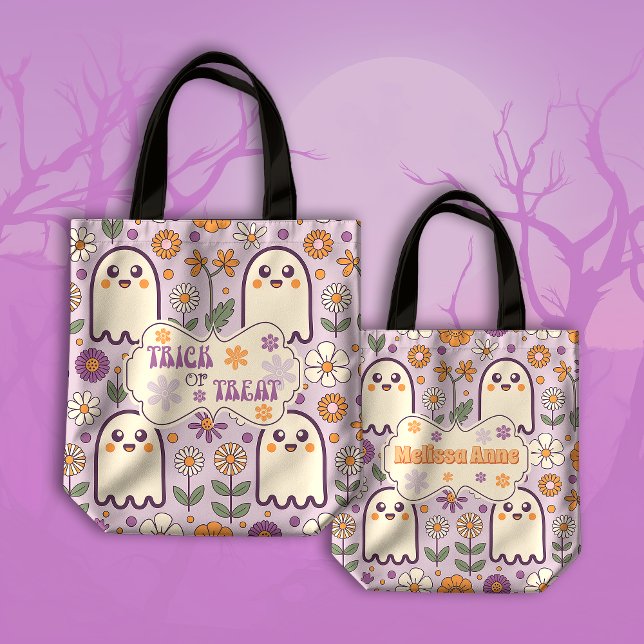 Cute Purple Retro Groovy Trick or Treat Halloween Tote Bag (Creator Uploaded)