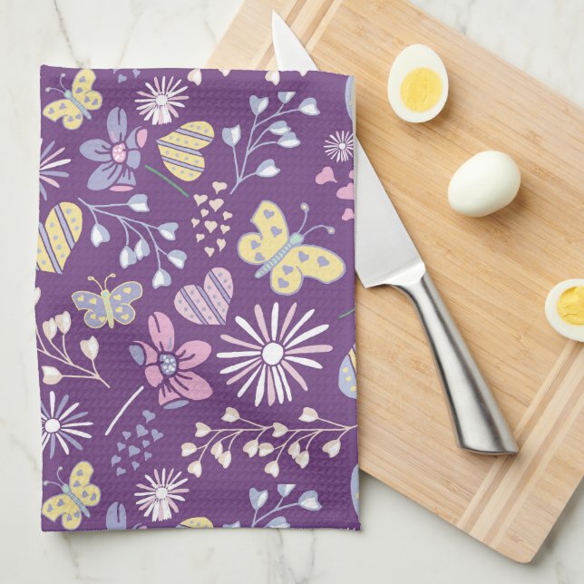 Cute Purple Retro Hearts Flowers Butterflies Kitchen Towel (Quarter Fold)