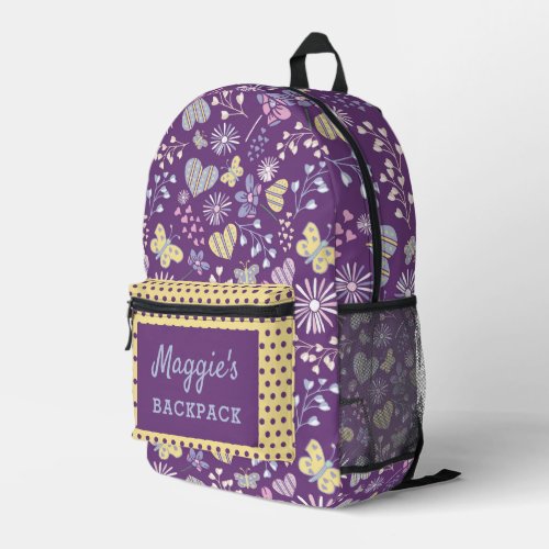 Cute Purple Retro Hearts Flowers Butterflies  Printed Backpack