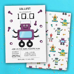 Cute Purple Robot Theme Kids Robots Birthday Party Invitation