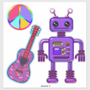 Cute Purple Robot with Peace Sign and Guitar Sticker
