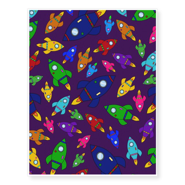 Cute purple rocket ships pattern temporary tattoos (Front)