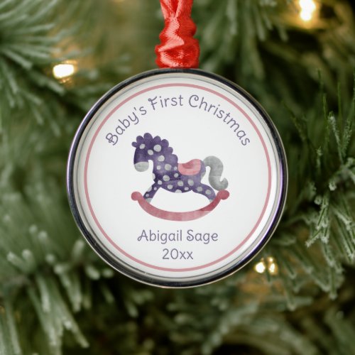 Cute Purple Rocking Horse Babys First Christmas Metal Ornament