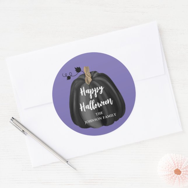 Cute Purple Script Pumpkin Happy Halloween Classic Round Sticker (Envelope)