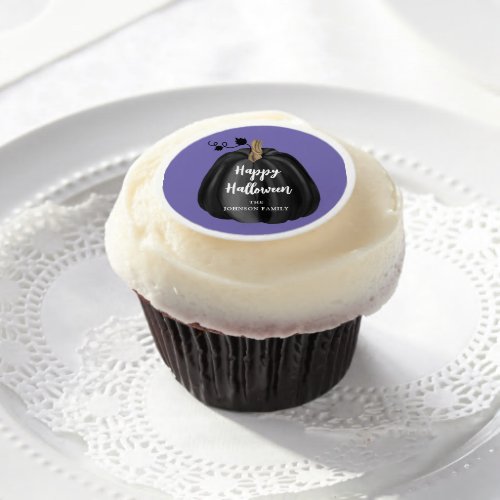 Cute Purple Script Pumpkin Happy Halloween Edible Frosting Rounds