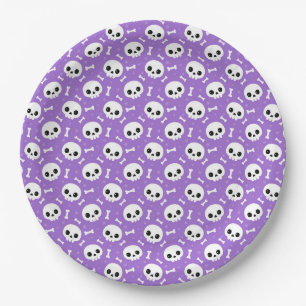 Cute Purple Skull & Bones Halloween Pattern Paper Plates