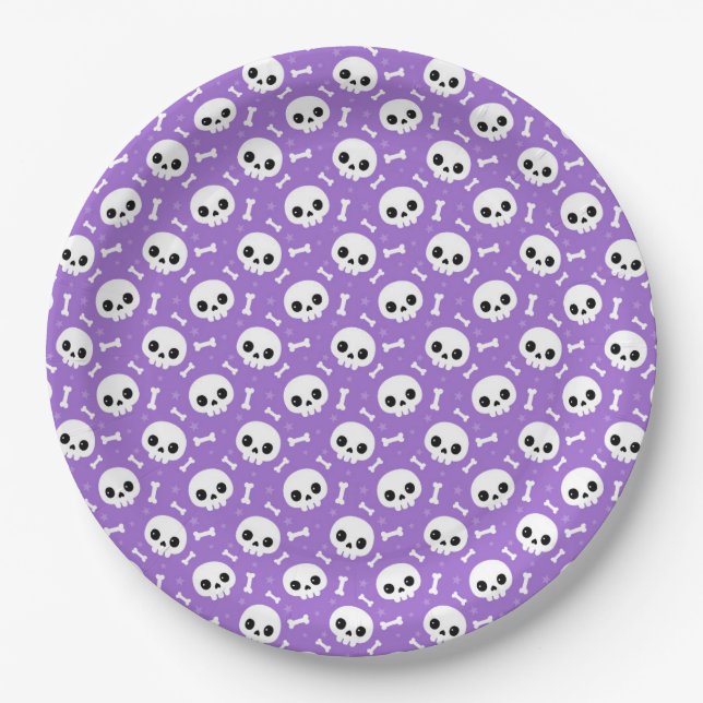 Cute Purple Skull & Bones Halloween Pattern Paper Plates (Front)