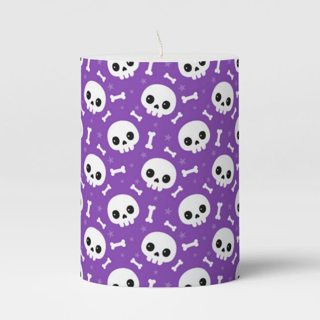 Cute Purple Skull & Bones Halloween Pattern Pillar Candle (Front)