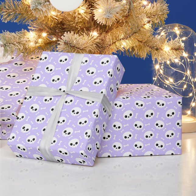 Cute Purple Skull & Bones Halloween Pattern Wrapping Paper (Holidays)