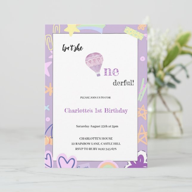 CUTE PURPLE SKY GIRLY BIRTHDAY INVITATION (Standing Front)