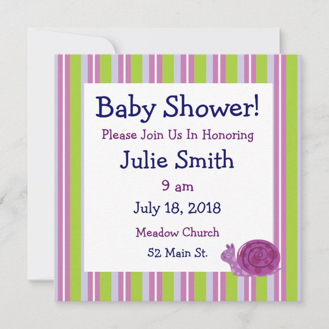 Cute Purple Snail Baby Shower Invitations (Front)