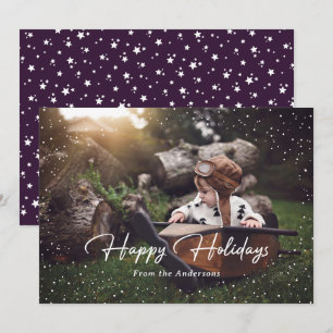 Cute Purple Snow Stars Photo Holiday Card