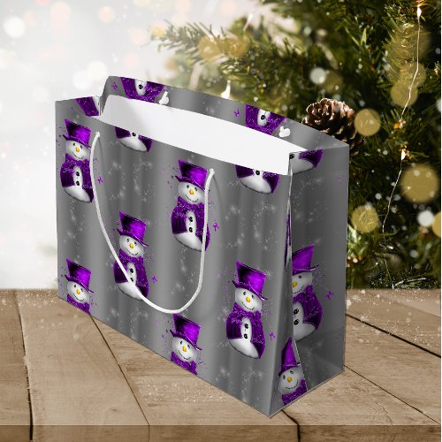 Cute Purple Snowmen on Silver Christmas Large Gift Bag