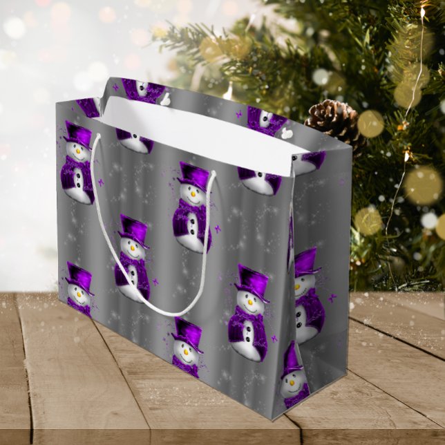 Cute Purple Snowmen on Silver Christmas Large Gift Bag (Creator Uploaded)