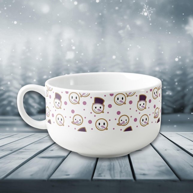Cute Purple Snowmen Pattern Christmas Soup Mug (Creator Uploaded)
