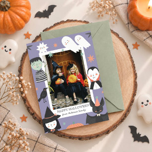 Cute Purple Spooky Characters Halloween Photo Holiday Card