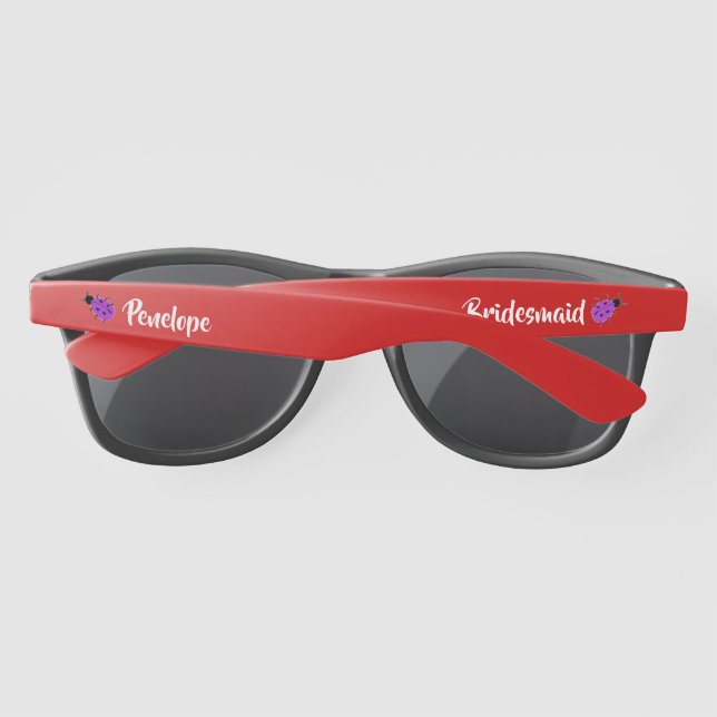Cute Purple Spotted Ladybug Bridesmaid with Name Sunglasses (Back)