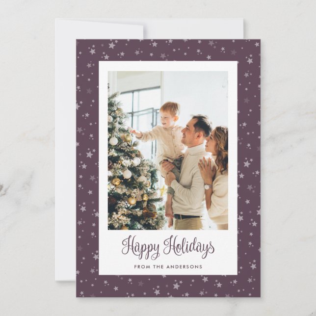 Cute Purple Starry Photo Happy Holidays Cards (Front)