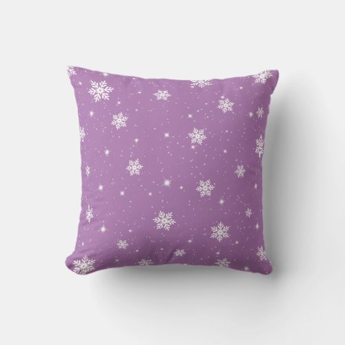 Cute Purple Stars Snowflakes Winter Pattern Throw Pillow