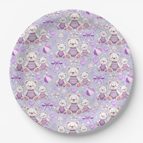 Cute Purple Striped Bear and Toys Seamles Paper Plates