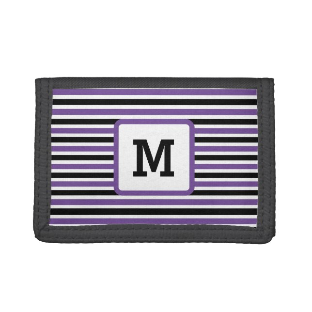 Cute Purple Stripes Custom Single Initial Black Tri-fold Wallet (Front)