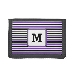 Cute Purple Stripes Custom Single Initial Black Trifold Wallet