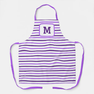 Cute Purple Stripes Custom Single Initial White Apron