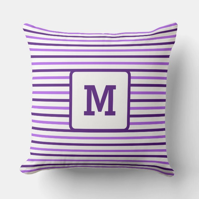 Cute Purple Stripes Custom Single Initial White Th Throw Pillow (Front)