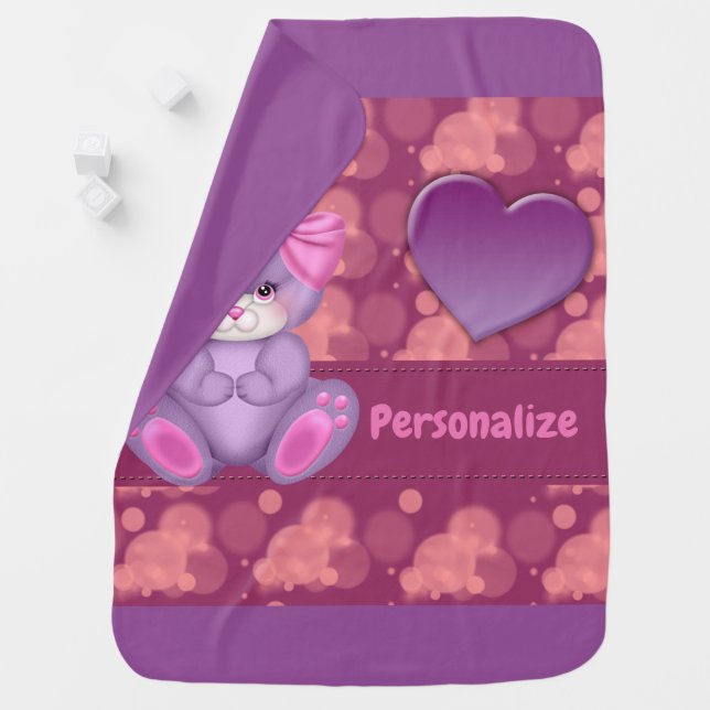 Cute Purple Stuffed Rabbit Bow & Heart Personalize Baby Blanket (In Situ)