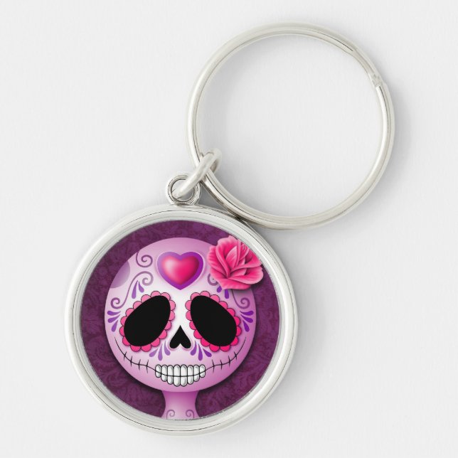 Cute Purple Sugar Skull Keychain (Front)