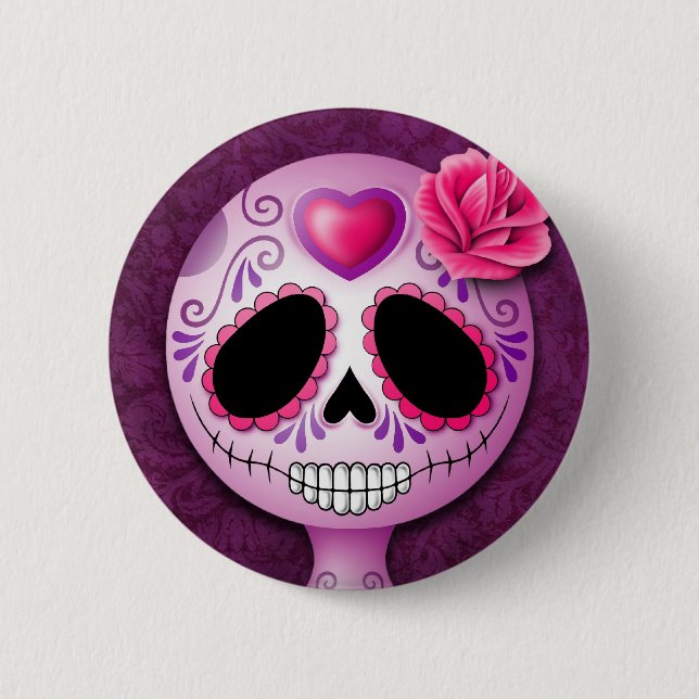 Cute Purple Sugar Skull Pinback Button (Front)