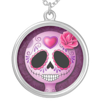 Cute Purple Sugar Skull Silver Plated Necklace