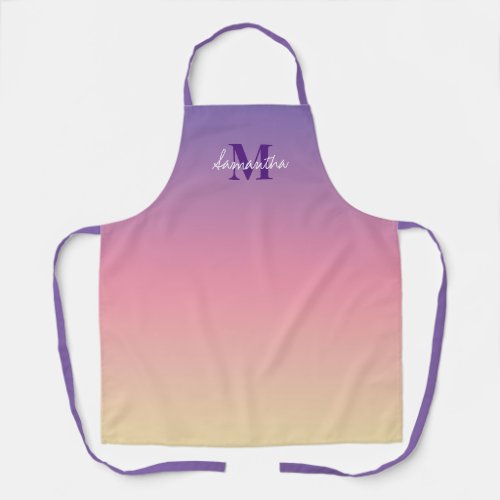 Cute Purple Sunset Ombre With Name Monogram Apron