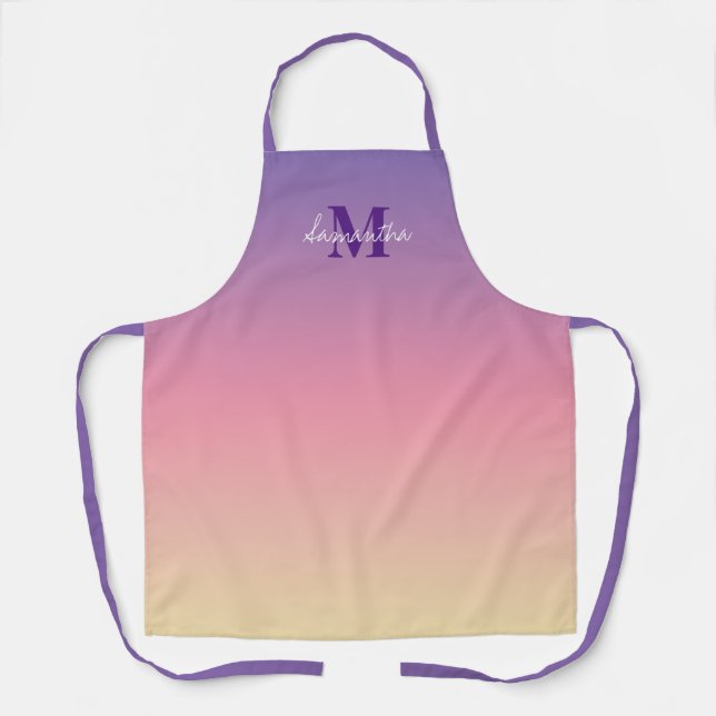 Cute Purple Sunset Ombre With Name Monogram Apron (Front)