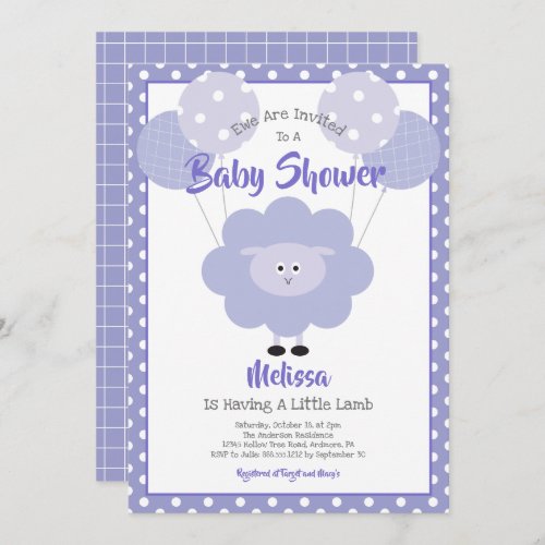 Cute Purple Sweet Lamb Simple Modern Baby Shower Invitation