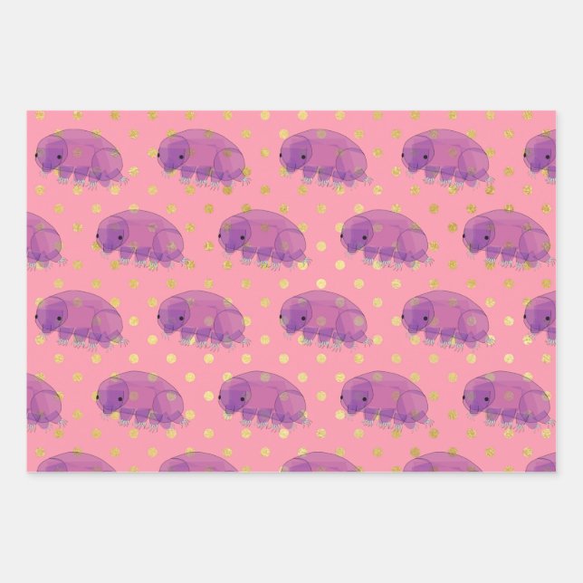 Cute purple tardigrade aka water bear swimming wrapping paper sheets (Front)